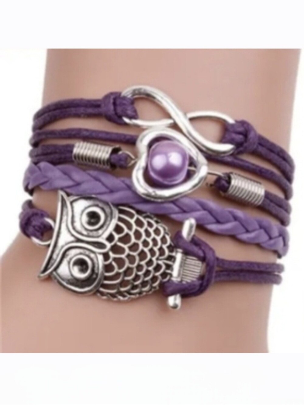 Purple & Silver Owl Infinity Heart Pearl Layered Layering Tiered Charm Bracelet